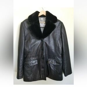 Nicole Miller Black Leather Jacket with Faux Fur Collar